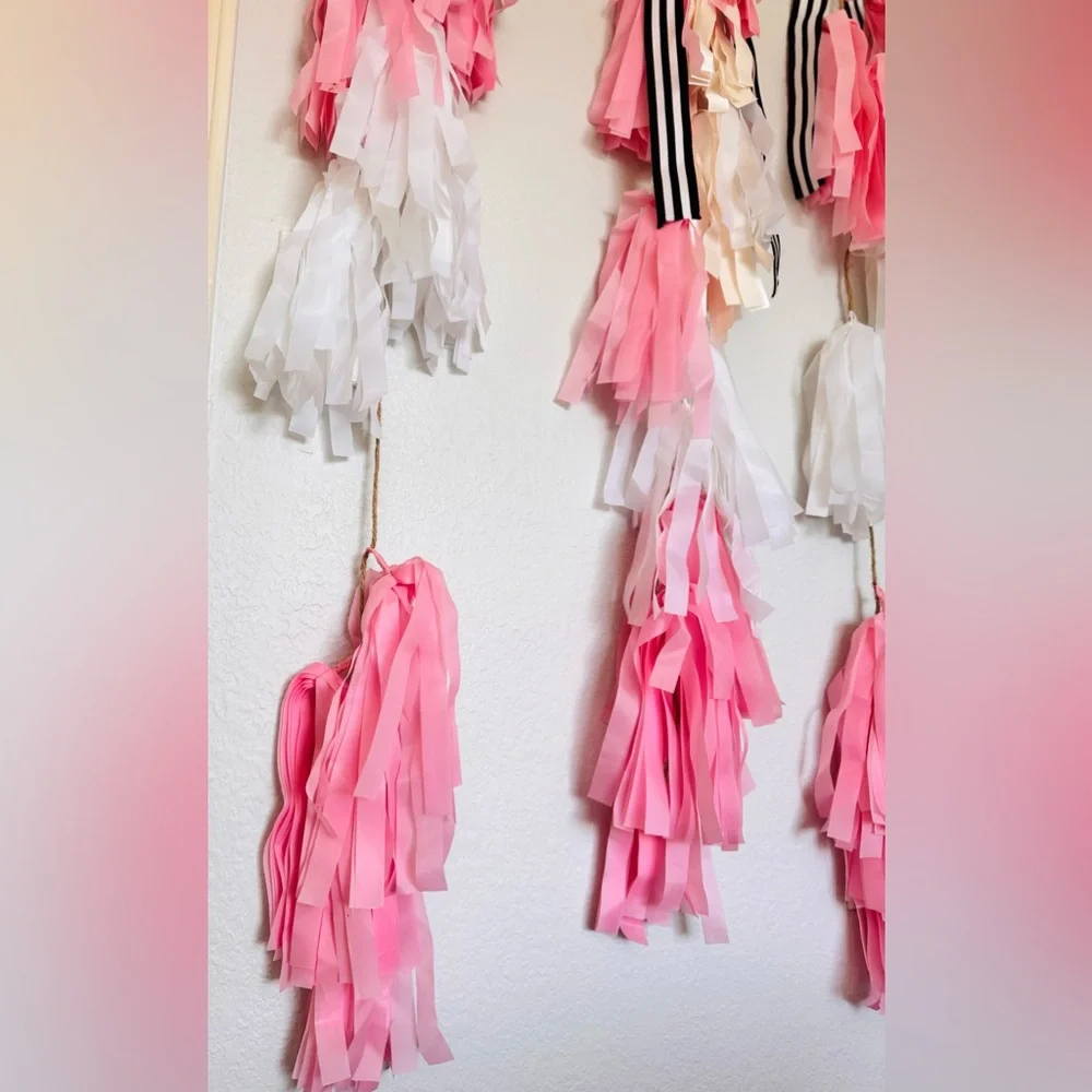 48” Set of 3 Elegant Pink & White Tassel Garland Streamers for Party, Wedding